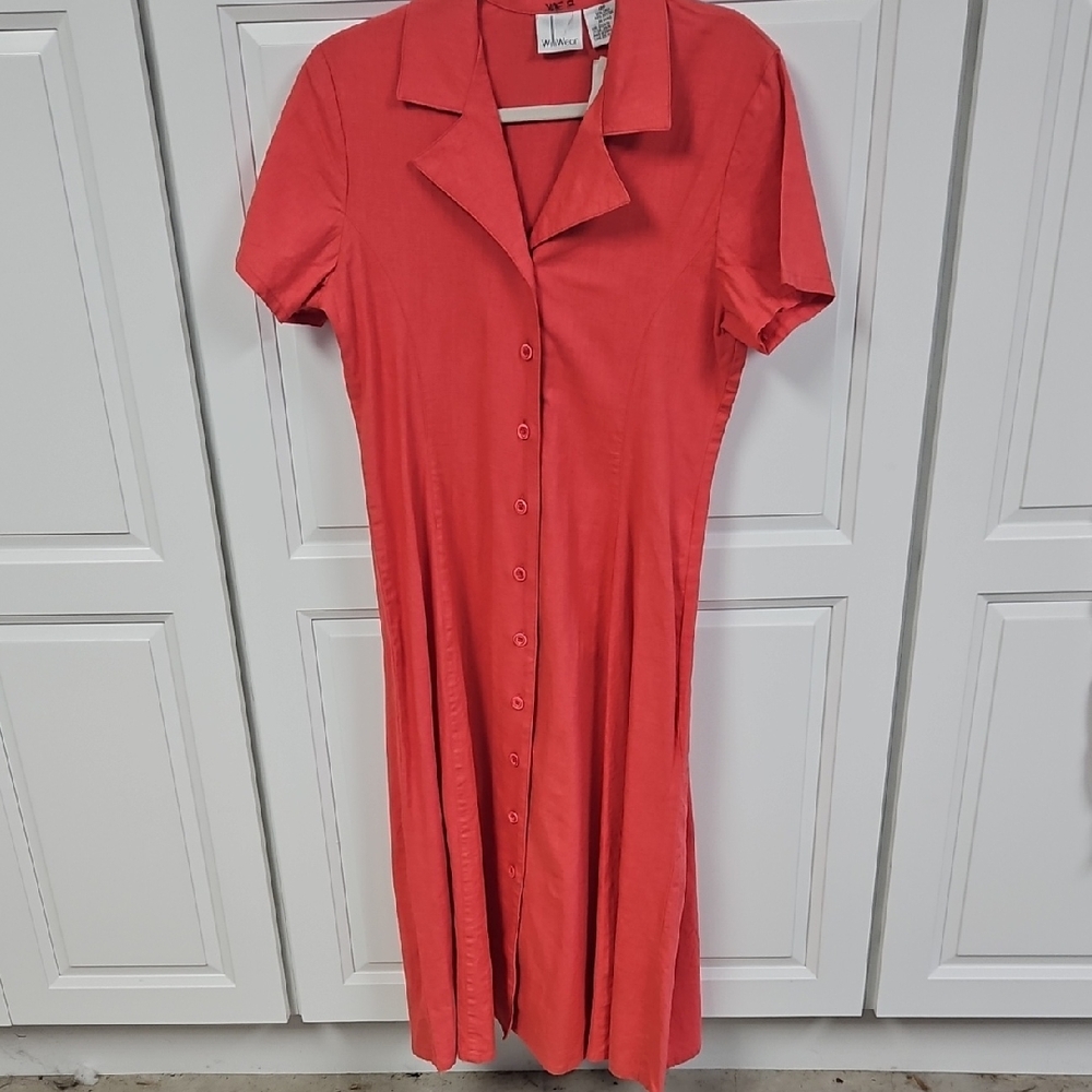 Vintage 80s/90s WilliWear Coral Linen Cotton Shirt Dress Button Front Size 12P